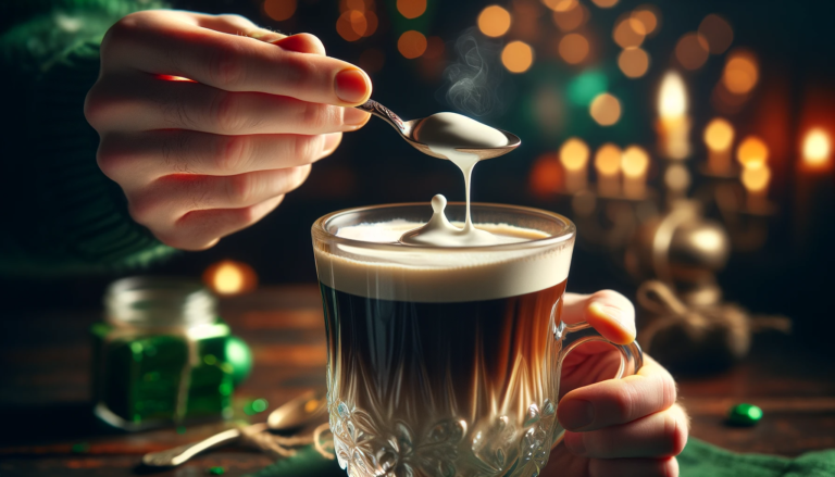 A close-up of a hand gently pouring heavy cream over the back of a spoon to float it on top of an Irish coffee in a traditional glass mug.