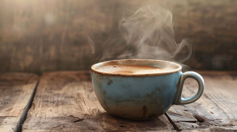 A hot Americano cup on a wooden table in a coffee shop.