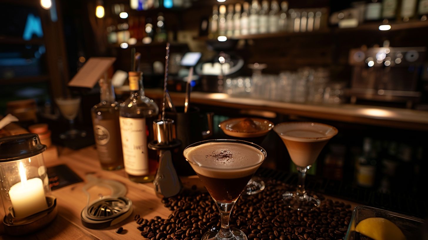 A coffee bar setting with ingredients for classic coffee cocktails.