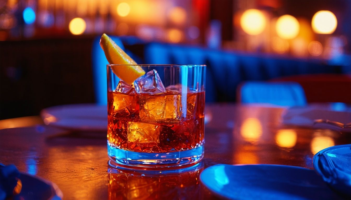 A photo of an elegant table setting with a beautifully garnished Cold-Brew Negroni cocktail.