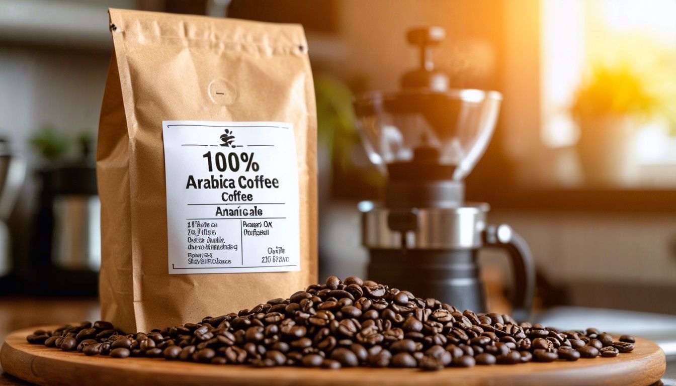A bag of Arabica coffee beans with roast date and origin label.