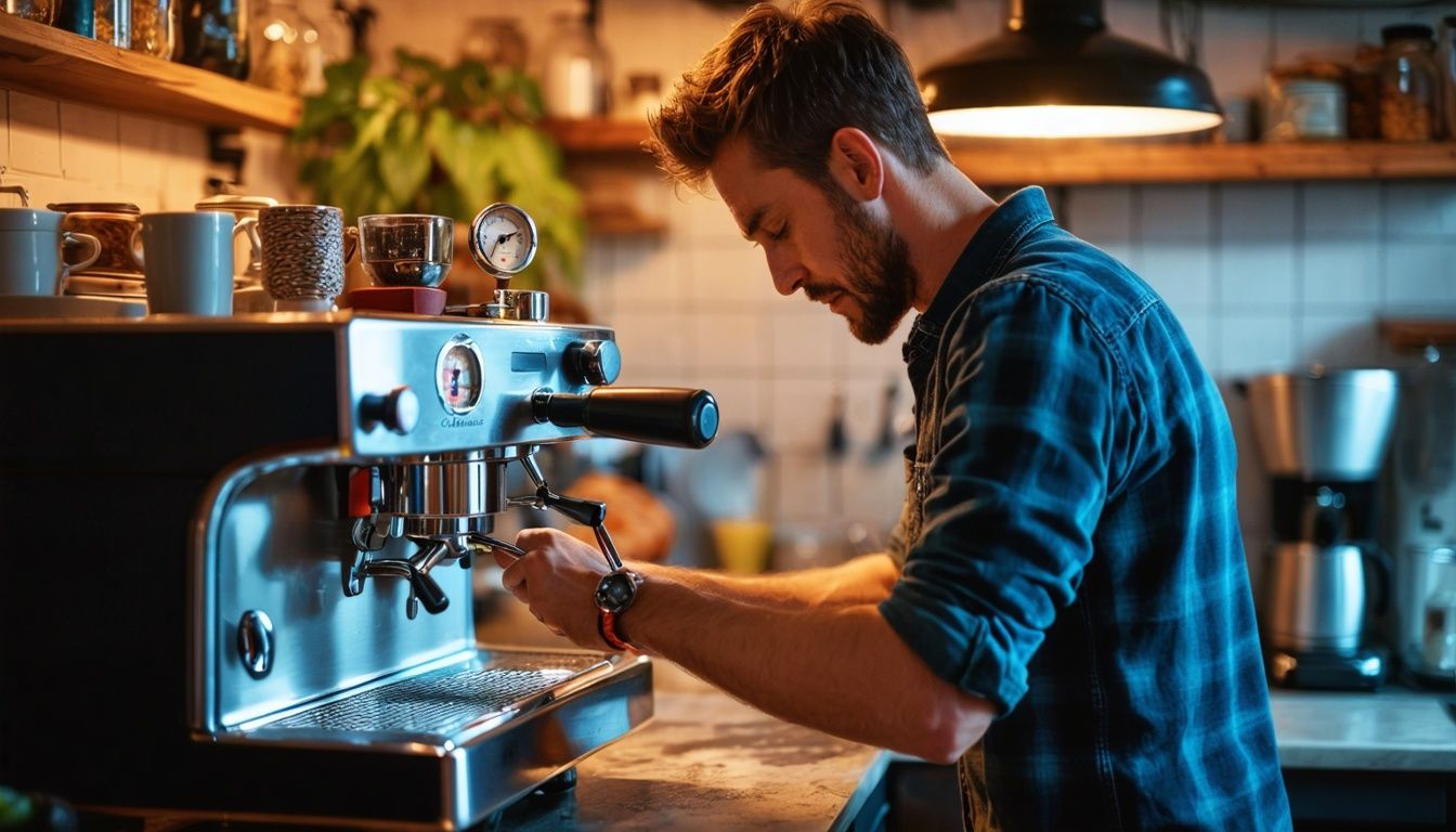 A man in his 30s adjusting a rotary pump espresso machine.