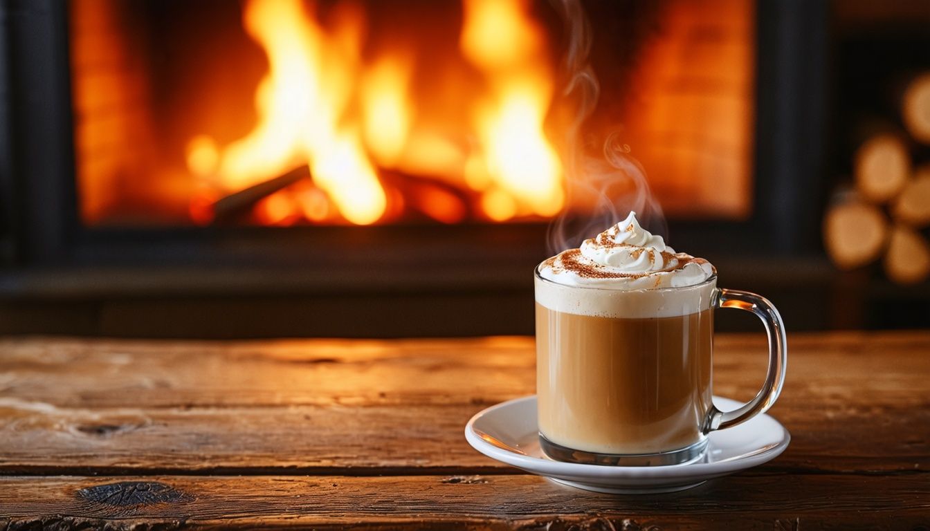 A rustic wooden table with Irish Coffee in front of a fireplace.