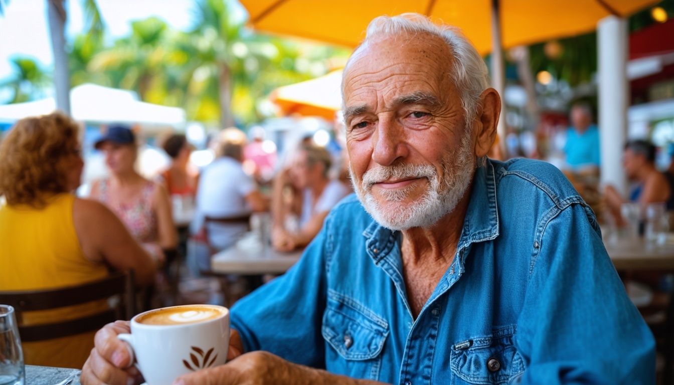Elderly man enjoys Cuban coffee in vibrant Miami cafe. Elderly man enjoys Cuban coffee in vibrant Miami cafe.