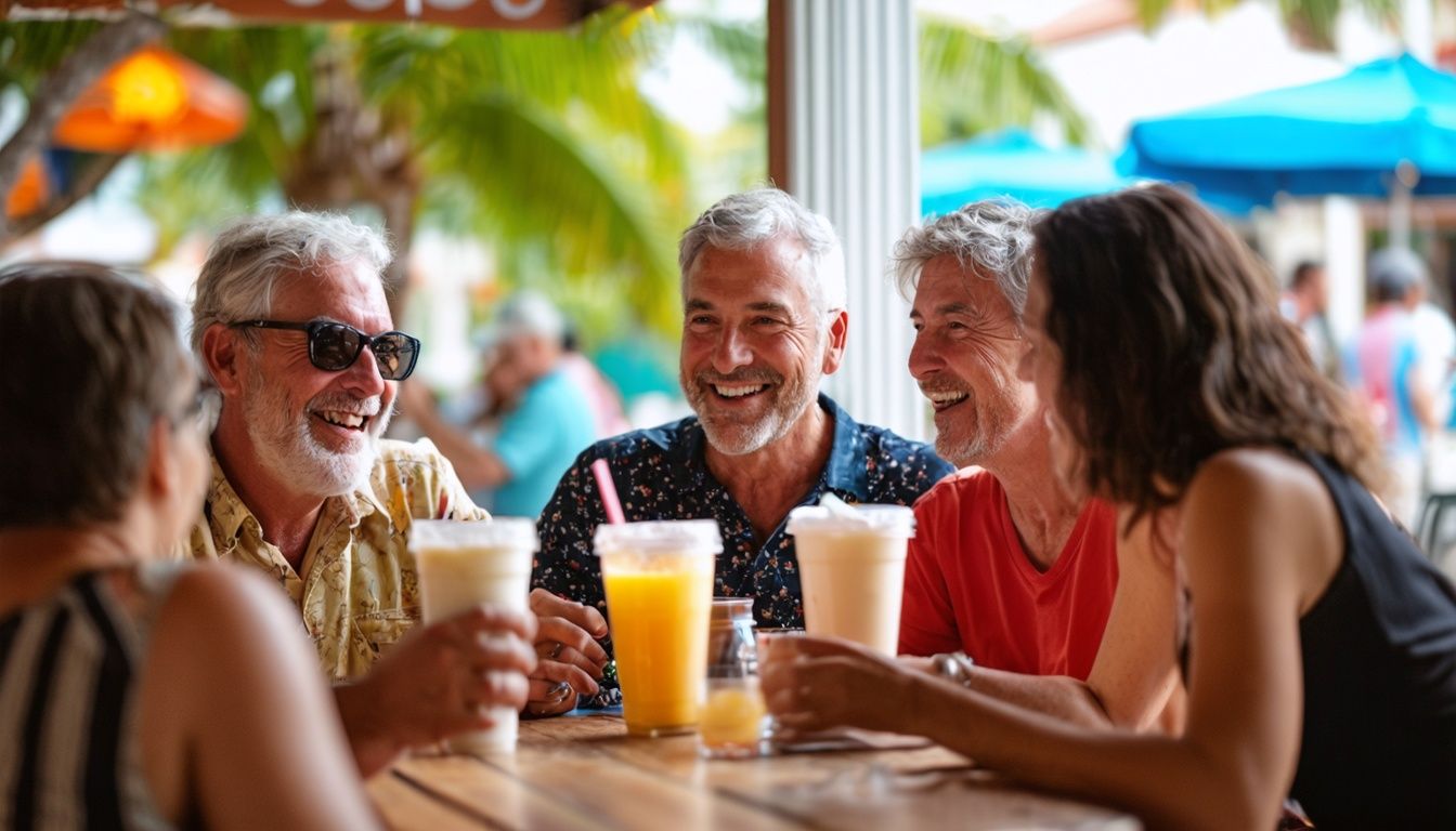 A group of friends enjoying coffee and conversation in a Miami cafe. A group of friends enjoying coffee and conversation in a Miami cafe.