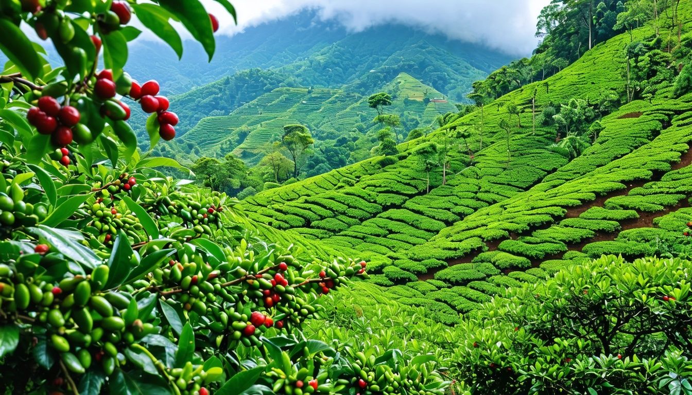 A picturesque coffee plantation on a mountain, with healthy coffee plants.