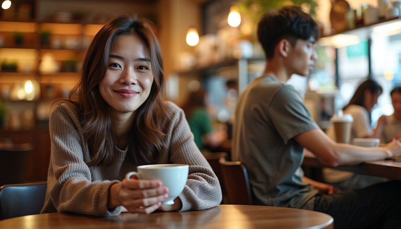 Two individuals enjoying drinks in a peaceful and lively cafe setting.