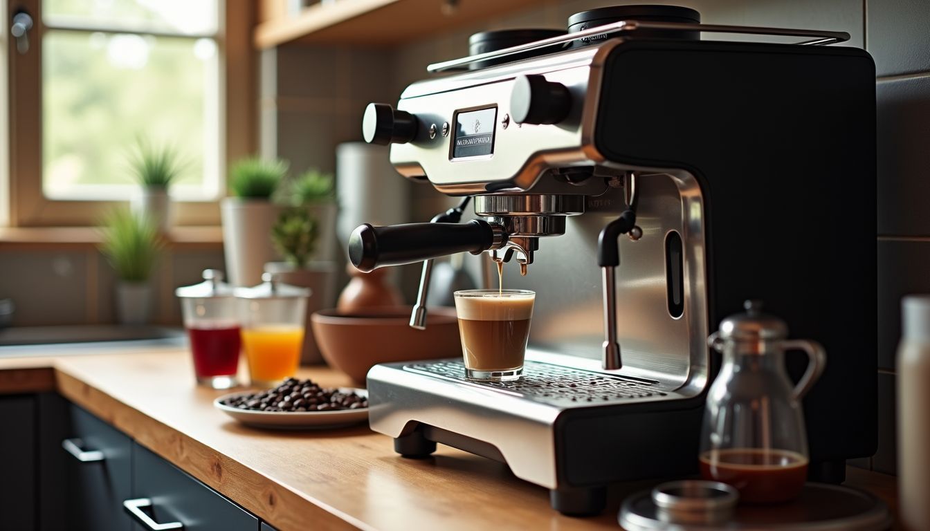 A well-used espresso machine sits on a kitchen counter with coffee supplies.