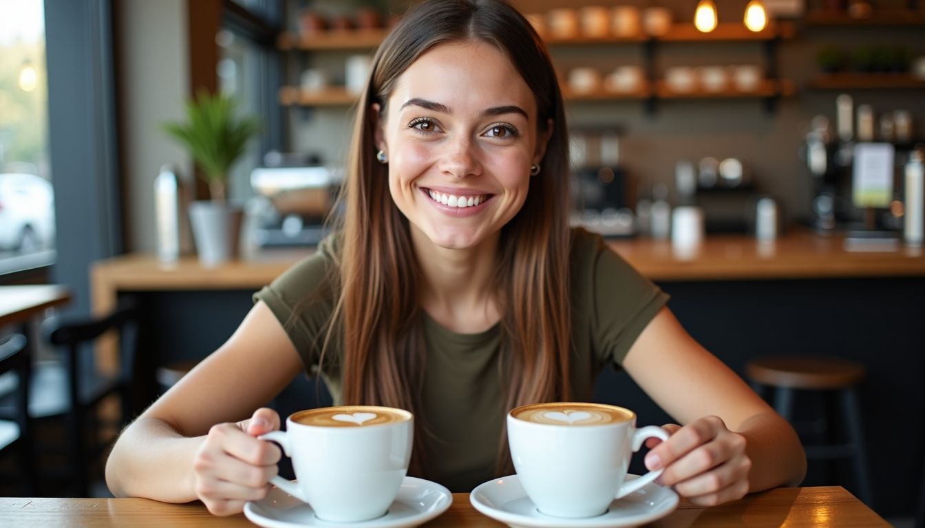 A young woman enjoying two trendy coffee blends in a modern cafe.