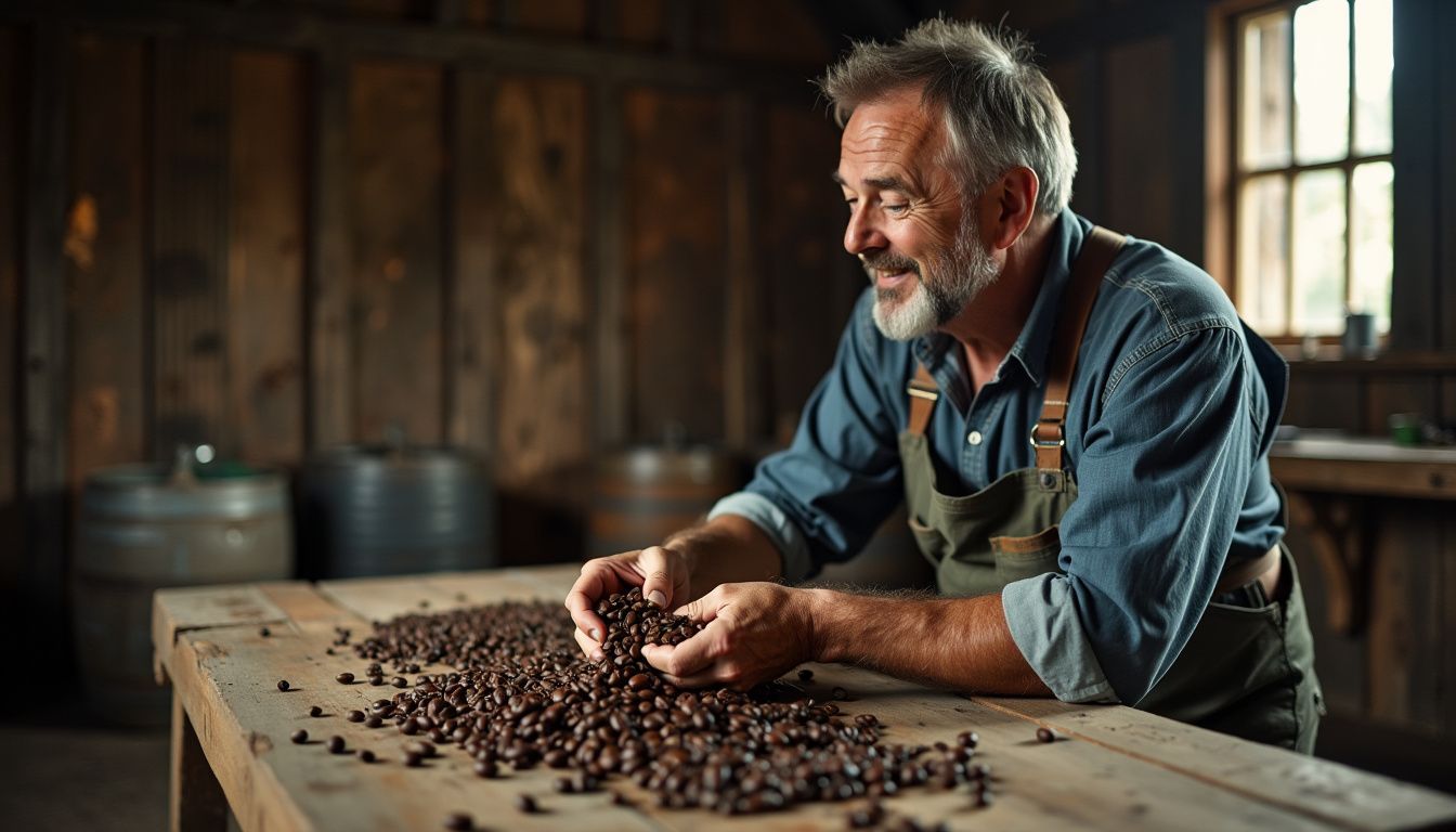 A man examines coffee beans on a rustic barn table.