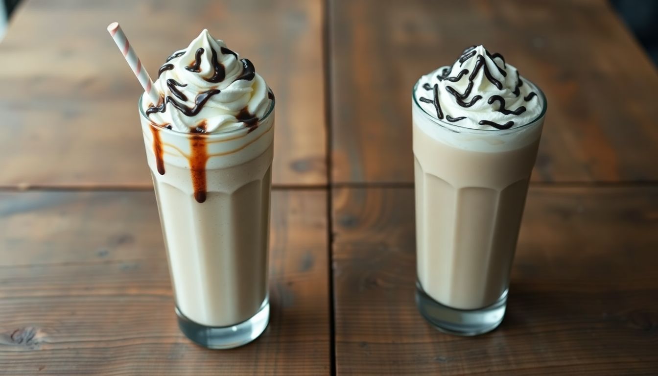 Comparison of a creamy milkshake and frothy frappe on wooden table. Comparison of a creamy milkshake and frothy frappe on wooden table.