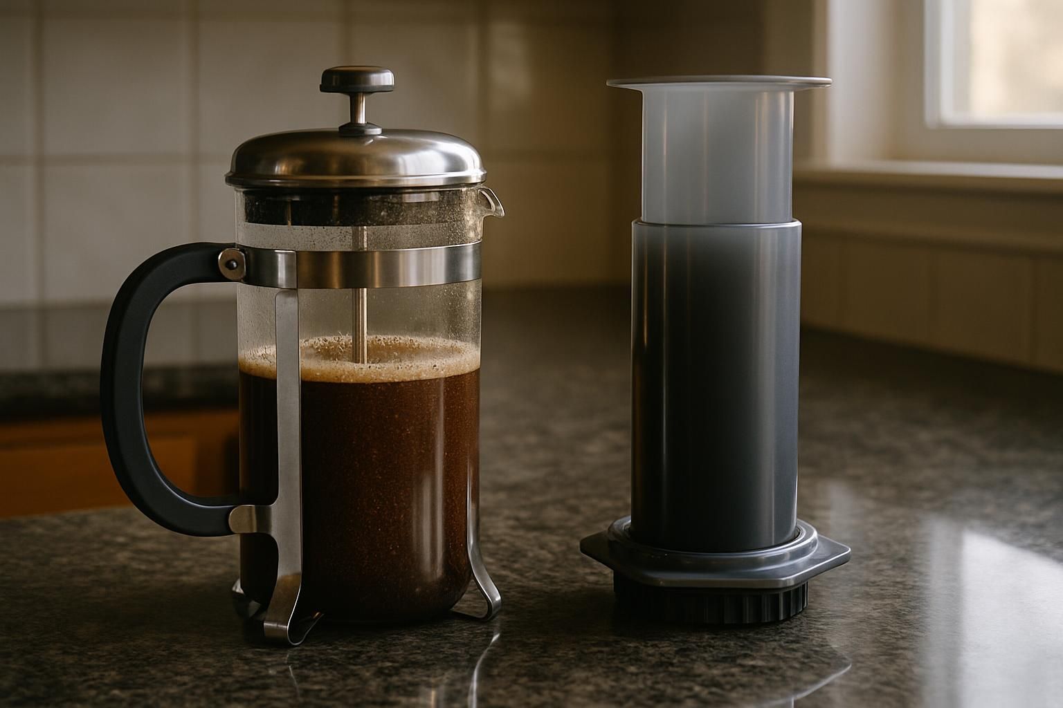 Two coffee brewing devices on a kitchen countertop in soft morning light. Two coffee brewing devices on a kitchen countertop in soft morning light.