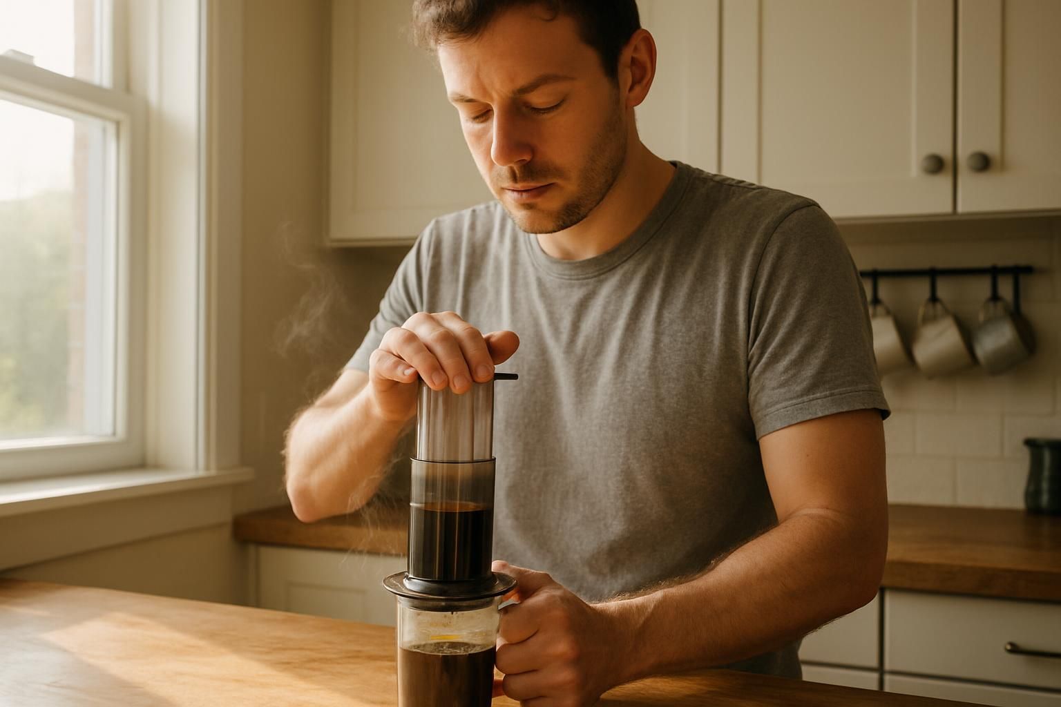 A man brewing coffee in a warmly lit kitchen. A man brewing coffee in a warmly lit kitchen.