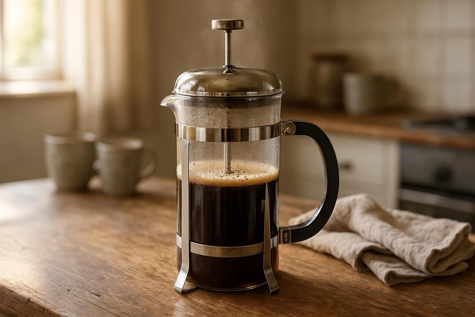 A French press brews coffee on a weathered oak table. A French press brews coffee on a weathered oak table.
