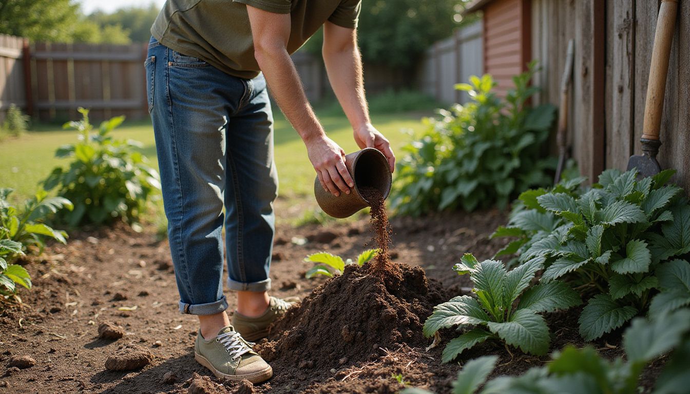 A person enjoys gardening, composting coffee grounds in a tranquil backyard. A person enjoys gardening, composting coffee grounds in a tranquil backyard.