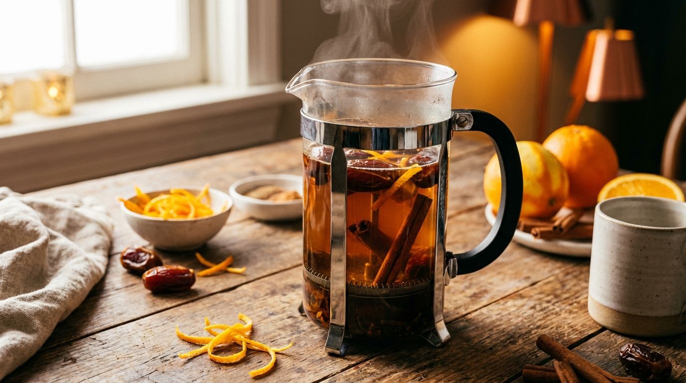 A glass cafetière filled with coffee, orange zest, dates, and cinnamon sticks on a wooden table.