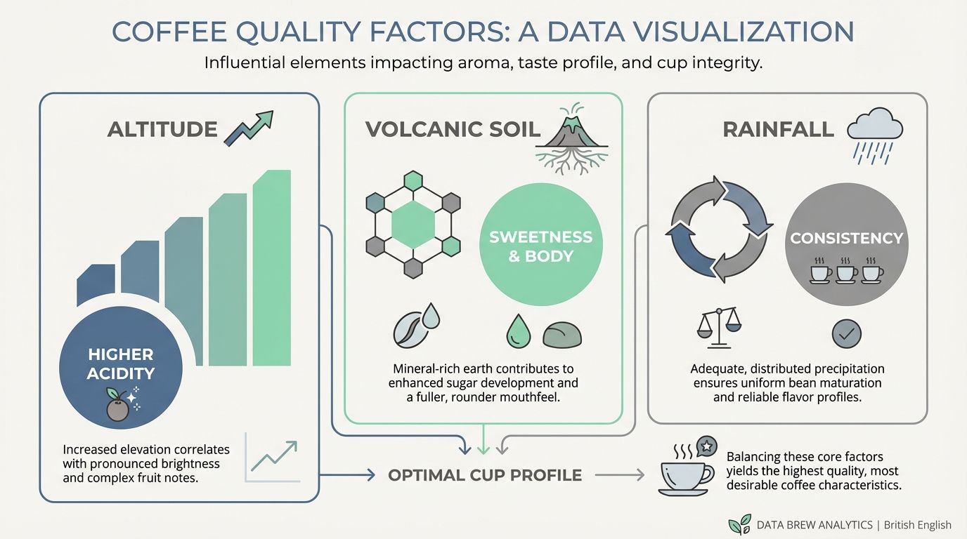 Infographic chart detailing how altitude, volcanic soil, and rainfall affect coffee flavour.