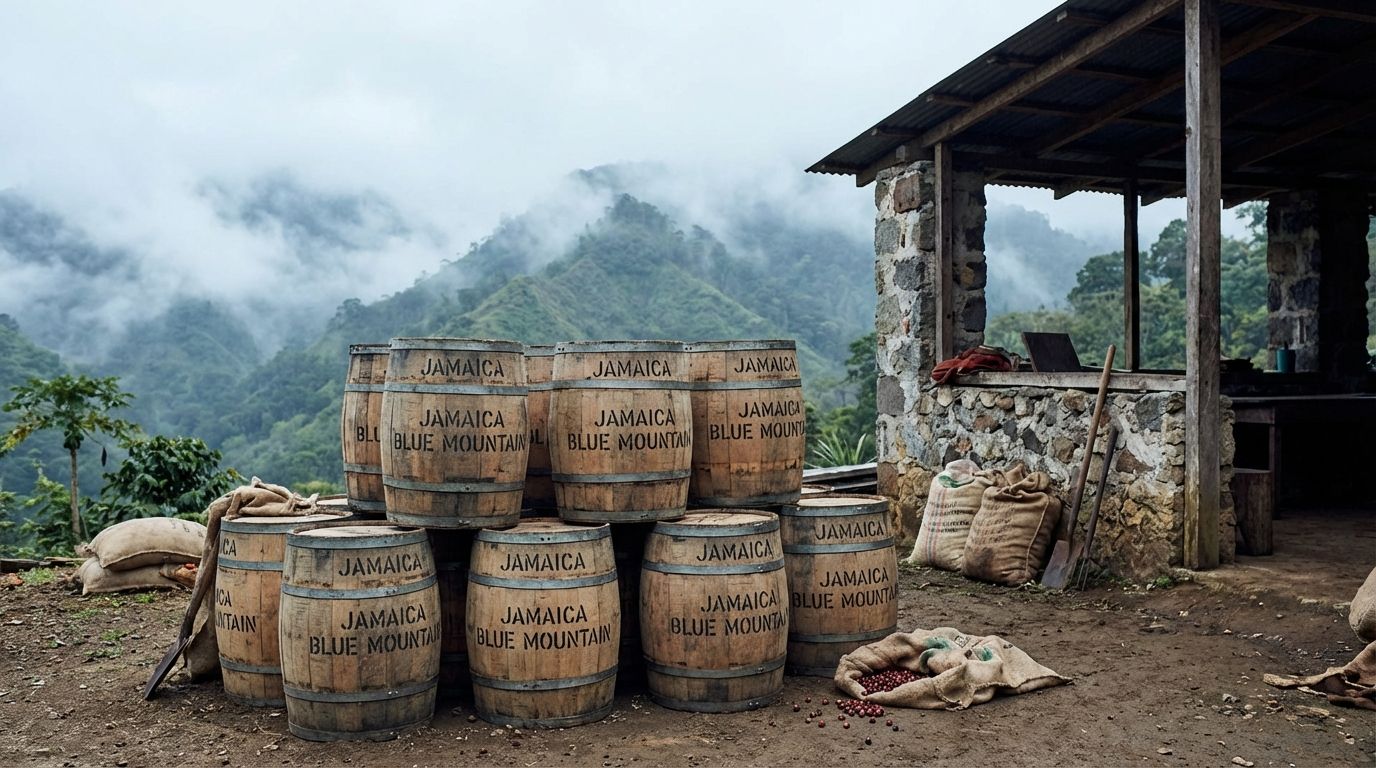 Authentic wooden barrels of Jamaican Blue Mountain coffee sitting in a misty mountain environment.
