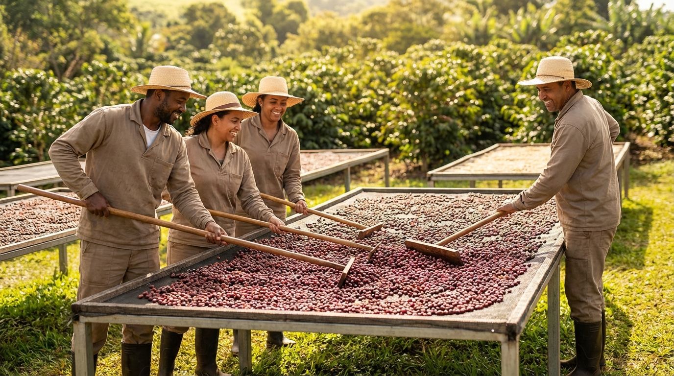 Farm workers tending to coffee cherries on raised drying beds under the sun.